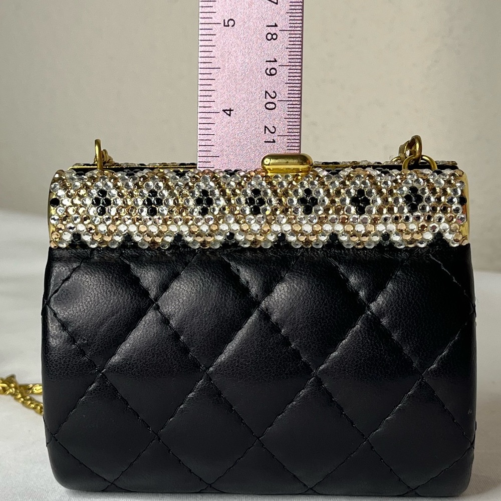 90s Beaded Rhinestone Clasp Quilted Black Leather Mini Bag Purse Chain Strap - Picture 10 of 16